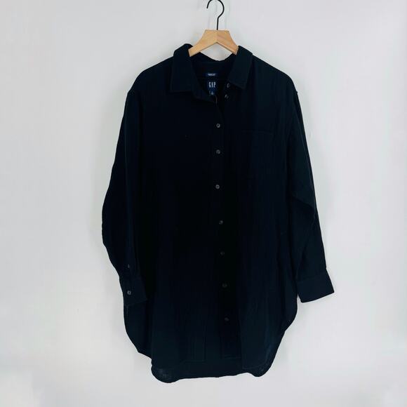 Gap Black Crinkle Gauze Button-Front Tunic Shirt NWT Size L Minimalist - Picture 3 of 9